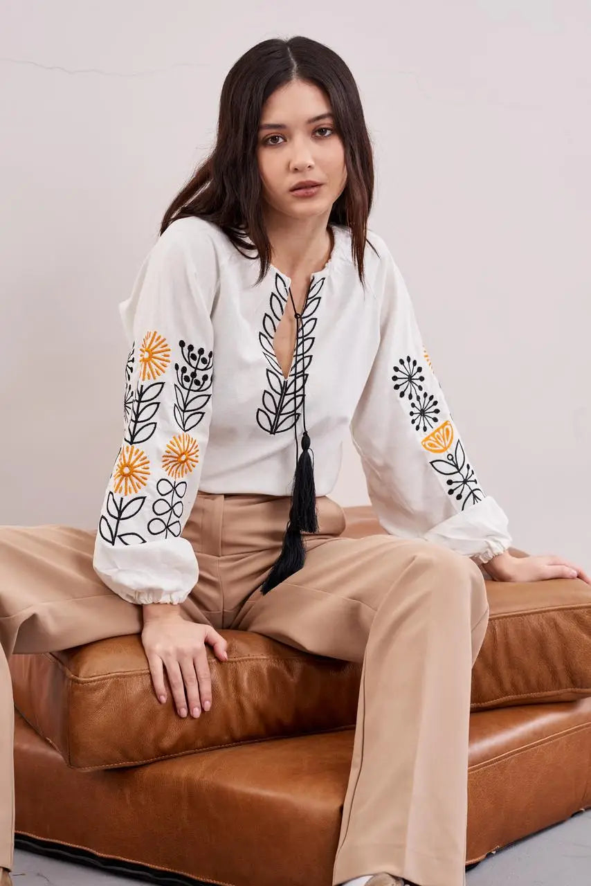 Ukrainian Embroidered Blouse for Women with Sunflower Motif | Sonyashnyky Vyshyvanka in Cotton Linen Blend | Traditional Handmade Shirt