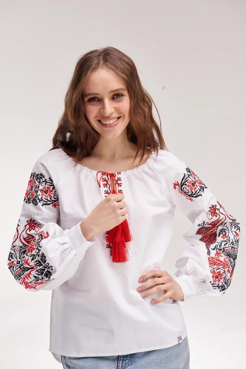 Ukrainian Embroidered Blouse for Women in 100% Cotton Batiste | Zhar Pytytsia Vyshyvanka with Cross-Stitch Firebird Design | Made in Ukraine