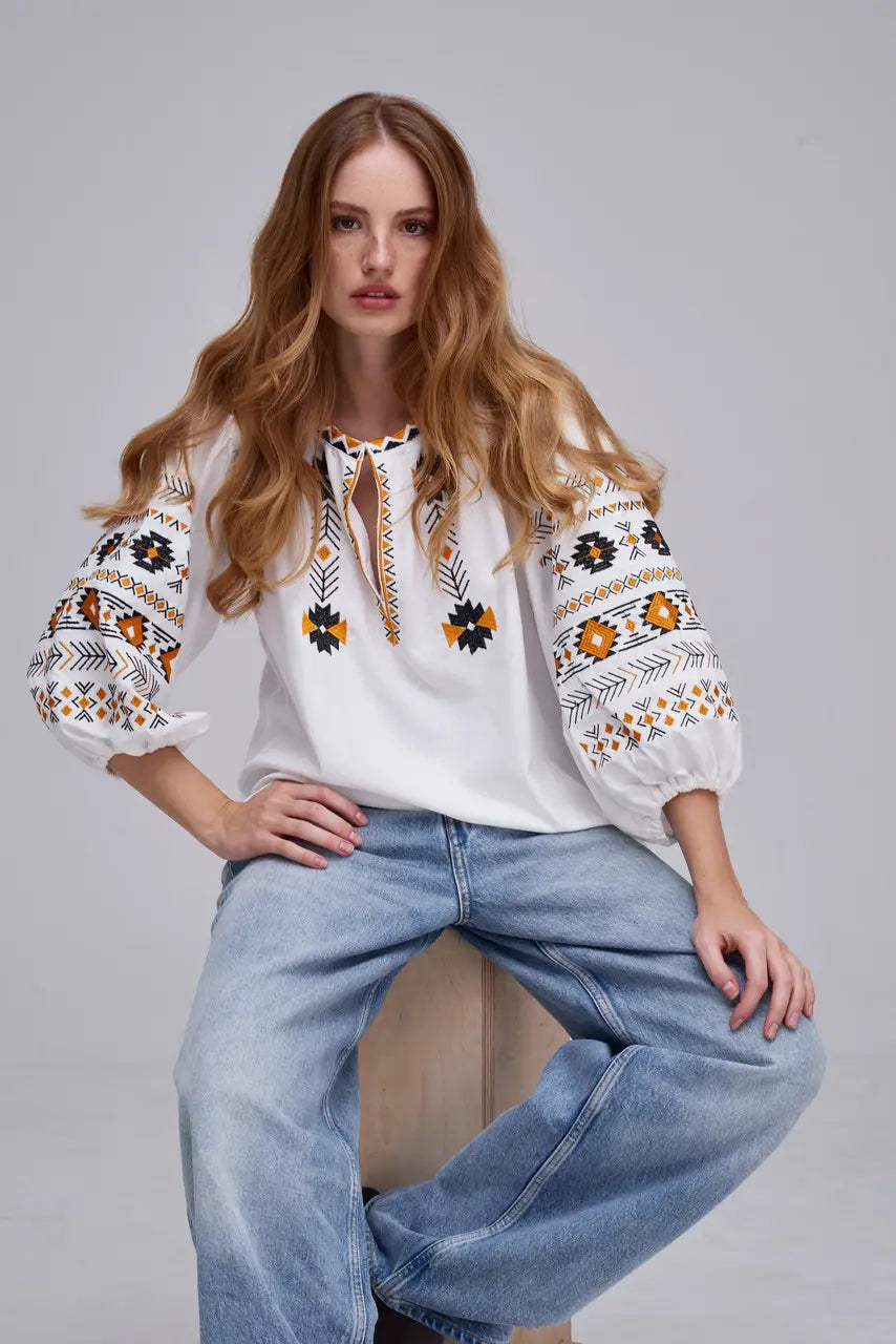 Ukrainian Embroidered Blouse for Women in Cotton Linen Blend | Daniella Vyshyvanka with Traditional Satin Stitch | Made in Ukraine