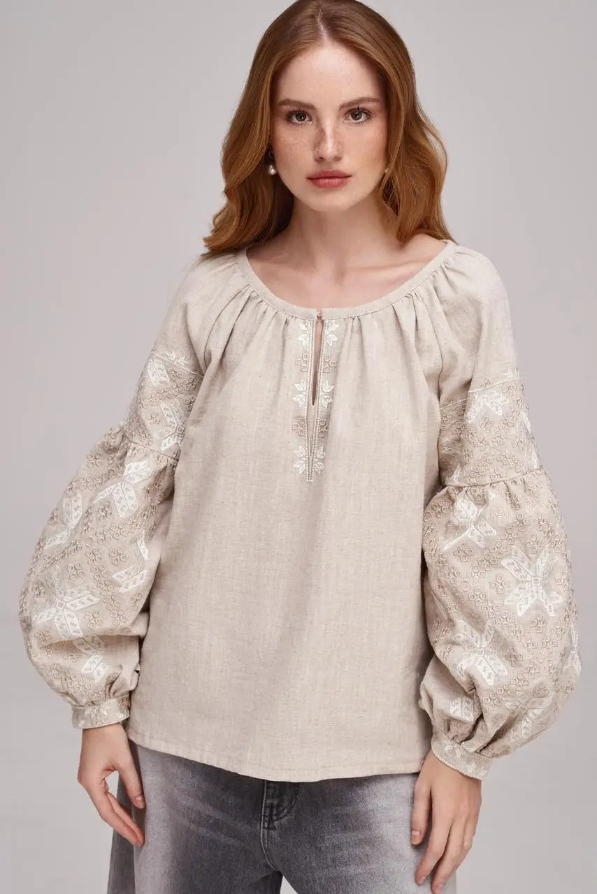 Ukrainian Embroidered Blouse for Women in Nettle Linen Blend | Poltavshchyna Vyshyvanka with Satin Stitch Embroidery | Made in Ukraine