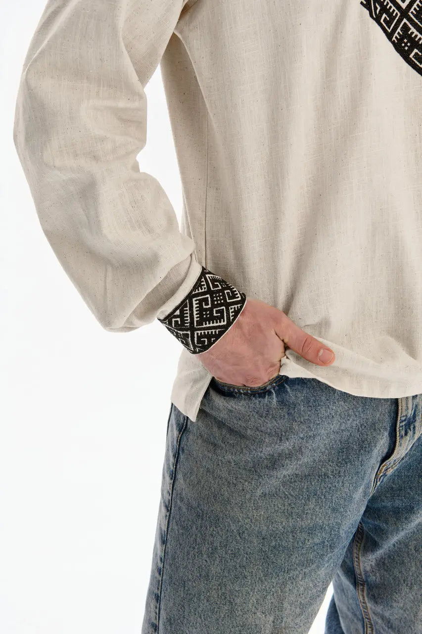 Traditional Ukrainian Vyshyvanka Shirt for Men in Nettle and Linen Blend with Machine Embroidery | Ukrainian Gift | Made in Ukraine