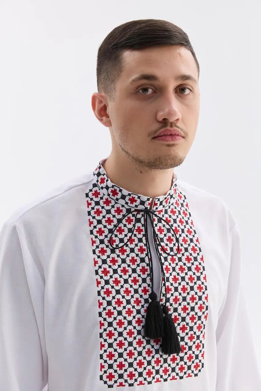 Ukrainian Vyshyvanka Shirt for Men with Satin and French Knot Embroidery | Bandera Design in Cotton Blend | Made in Ukraine