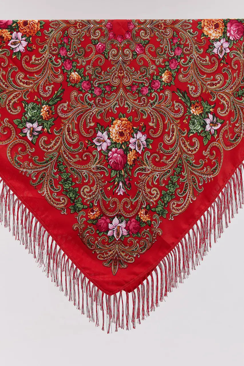 Ukrainian Head Scarf "Lily Bouquet" Red Color – Traditional Floral Shawl 110x110cm – Folk Style Wool Viscose Scarf with Fringe for Women