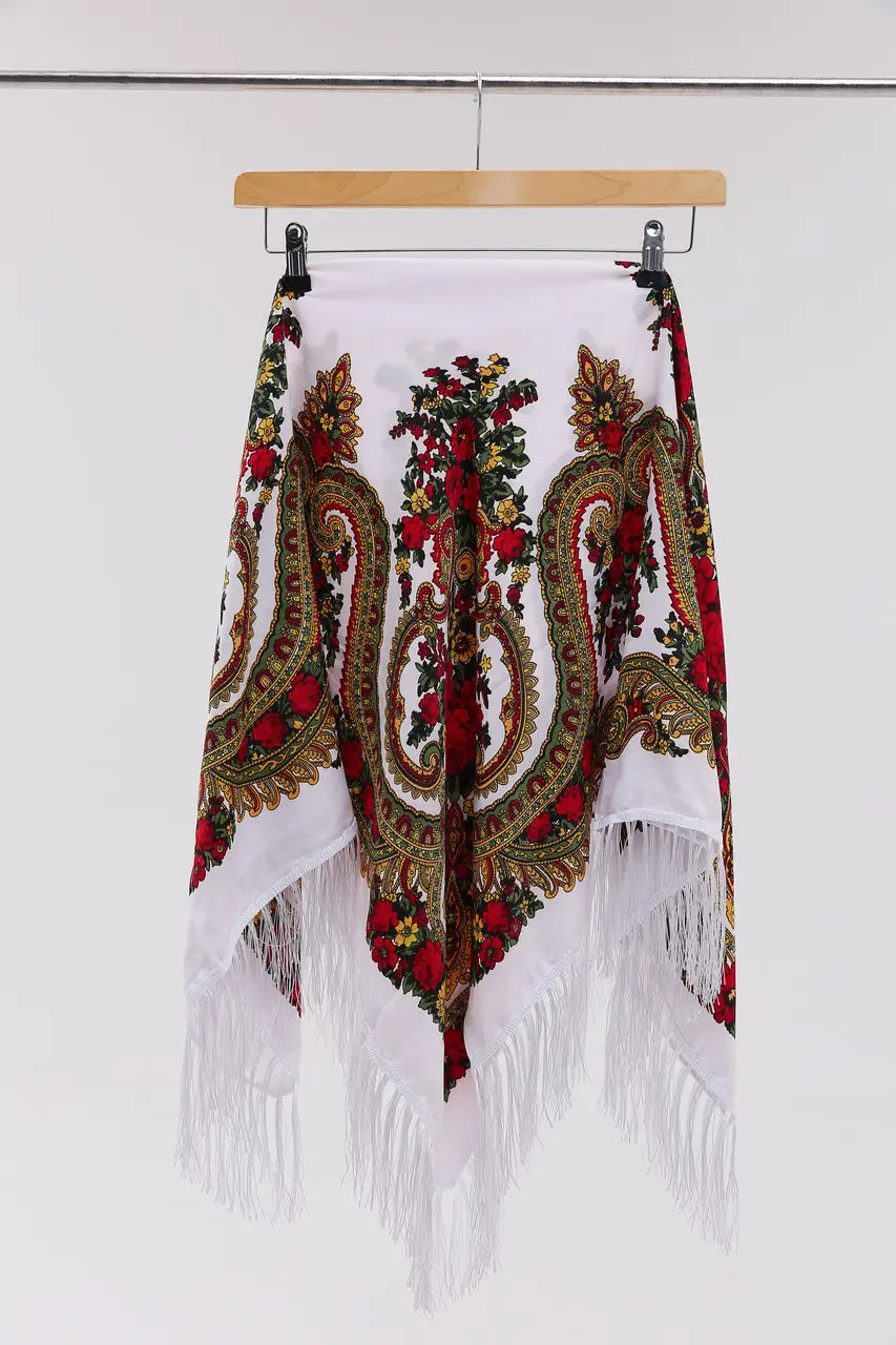 Ukrainian Head Scarf "Flowers of Polissya" White Color – Traditional Floral Shawl 110x110cm – Ukrainian Folk Scarf with Fringe for Women