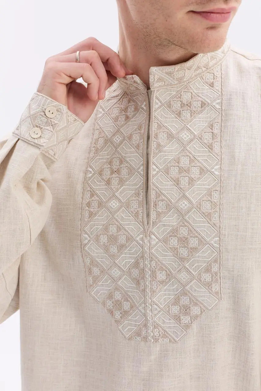 Ukrainian Vyshyvanka Shirt for Men in Nettle Linen Blend with Traditional Satin Stitch Embroidery | Sumshchyna Design | Handmade in Ukraine