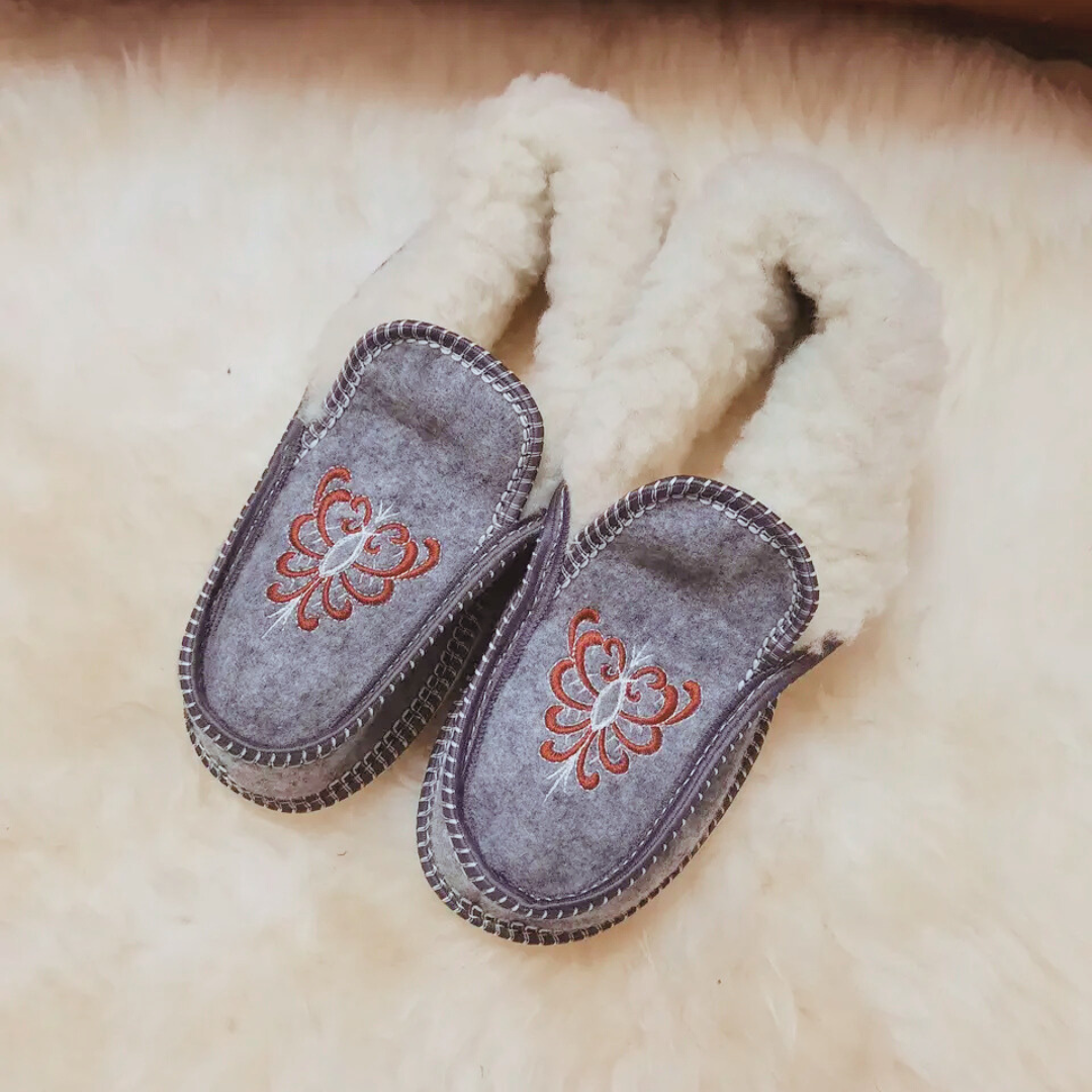 Handmade Wool Slippers with Hutsul Embroidery from Ukraine β Warm Felt Chuni for Women & Men β Cozy Winter Gift β Carpathian Folk Design