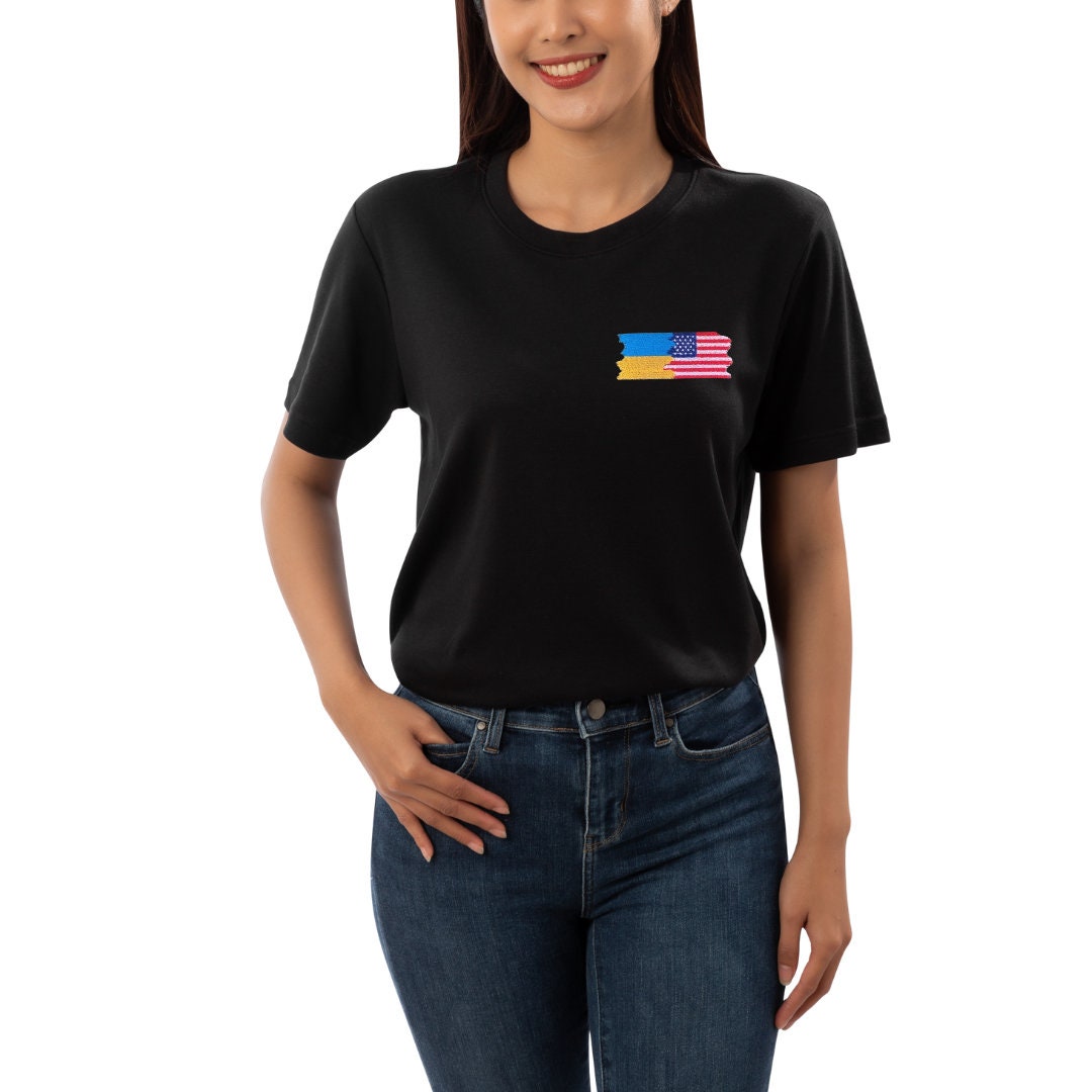 Womens Ukraine Shirt with American & Ukrainian Flag Embroidery (Футболка жін.)
