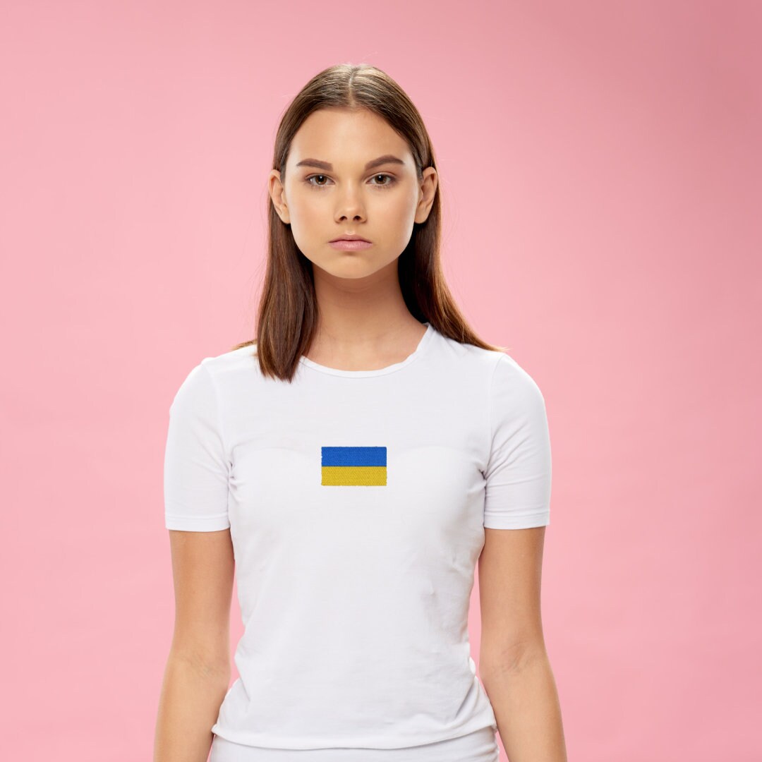 Womens T Shirt with Beautifully Embroidered Ukrainian Flag (Футболка жін.)