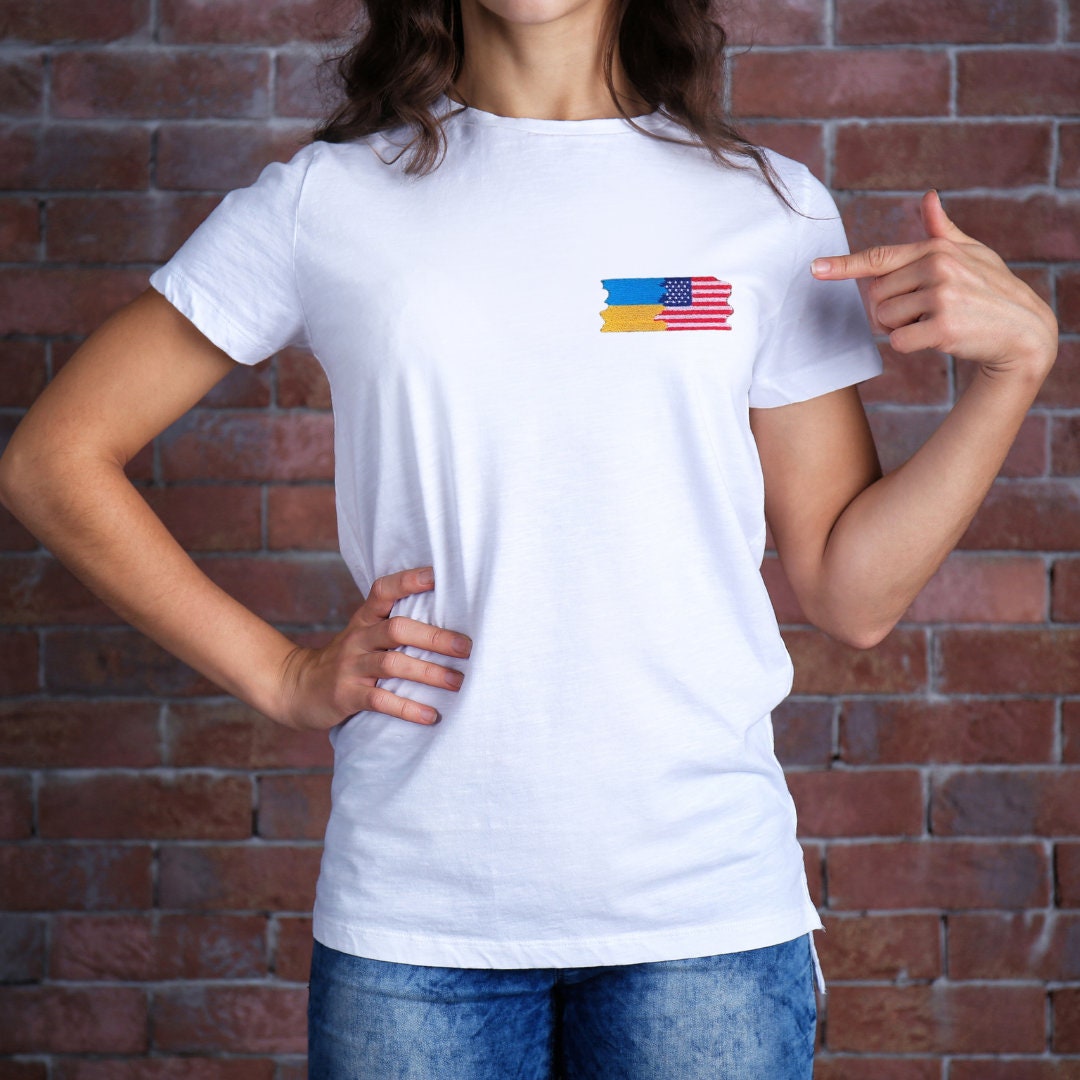 Womens Ukraine Shirt with American & Ukrainian Flag Embroidery (Футболка жін.)