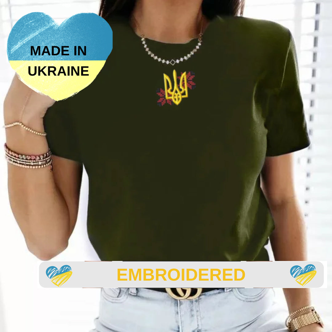 Fashionable Women's Ukrainian T shirt with Embroidery and Trident (Футболка жін.)