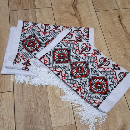 Ukrainian Rushnyk "Zlahoda" Black and Red – Traditional Embroidered Towel on Homespun Fabric – Cross-Stitch Machine Embroidery 175x32cm