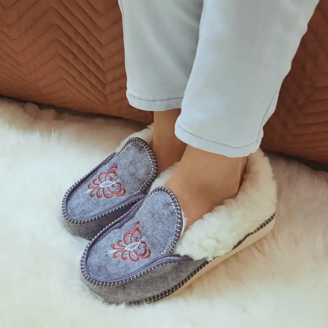 Handmade Wool Slippers with Hutsul Embroidery from Ukraine – Warm Felt Chuni for Women & Men – Cozy Winter Gift – Carpathian Folk Design