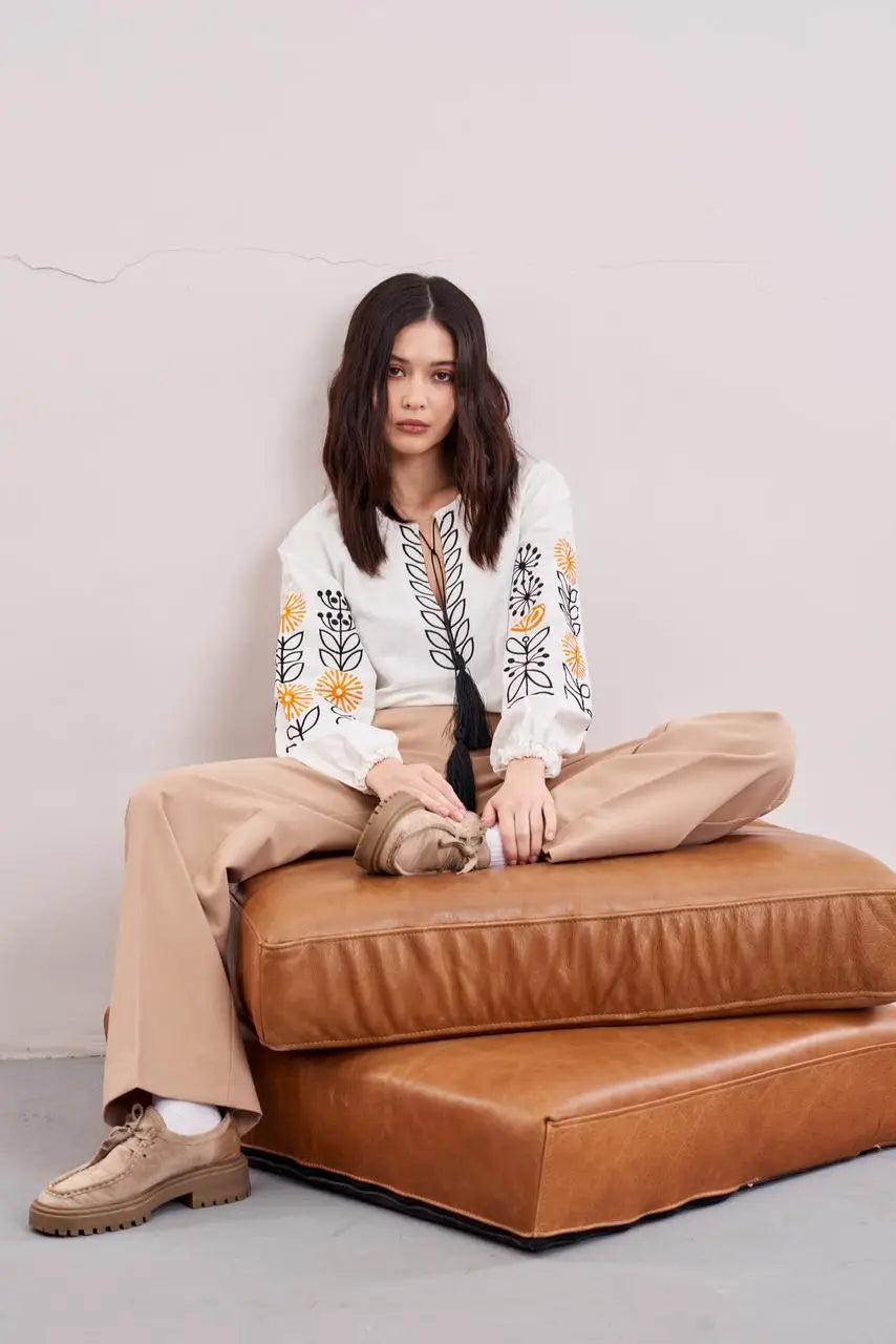 Ukrainian Embroidered Blouse for Women with Sunflower Motif | Sonyashnyky Vyshyvanka in Cotton Linen Blend | Traditional Handmade Shirt