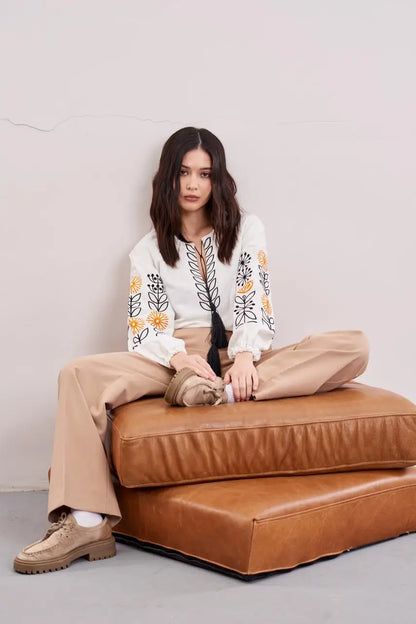 Ukrainian Embroidered Blouse for Women with Sunflower Motif | Sonyashnyky Vyshyvanka in Cotton Linen Blend | Traditional Handmade Shirt