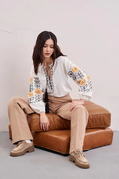 Ukrainian Embroidered Blouse for Women with Sunflower Motif | Sonyashnyky Vyshyvanka in Cotton Linen Blend | Traditional Handmade Shirt