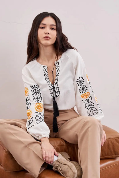 Ukrainian Embroidered Blouse for Women with Sunflower Motif | Sonyashnyky Vyshyvanka in Cotton Linen Blend | Traditional Handmade Shirt