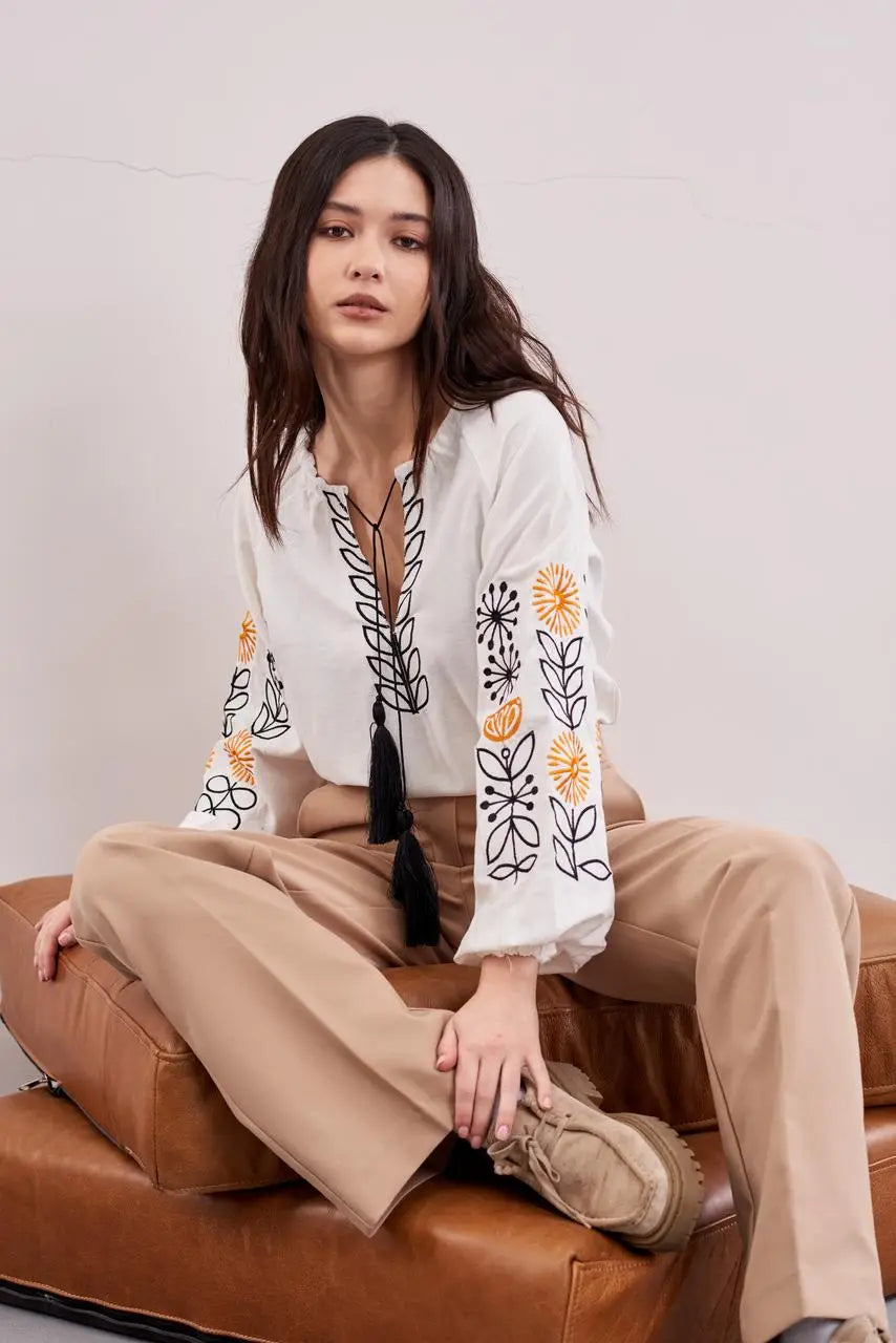 Ukrainian Embroidered Blouse for Women with Sunflower Motif | Sonyashnyky Vyshyvanka in Cotton Linen Blend | Traditional Handmade Shirt