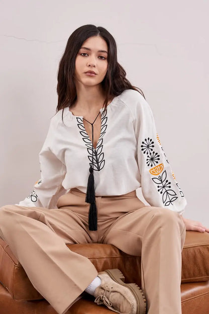 Ukrainian Embroidered Blouse for Women with Sunflower Motif | Sonyashnyky Vyshyvanka in Cotton Linen Blend | Traditional Handmade Shirt