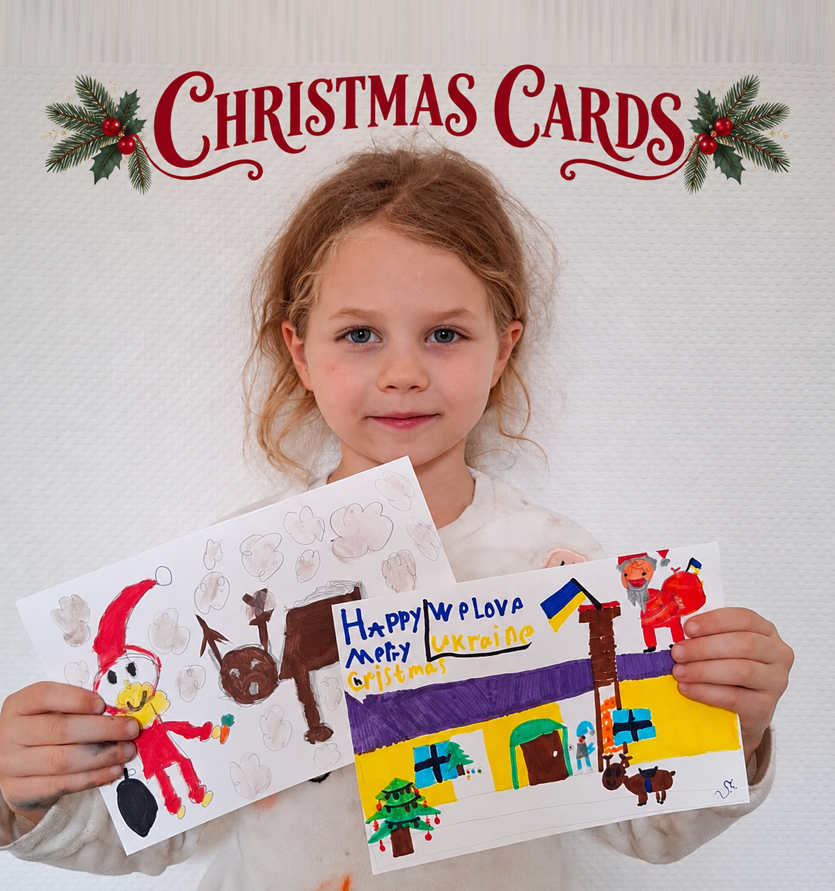 Hand-Drawn Christmas Card by Kids, One-of-a-Kind Holiday Card, Original Artwork by Sasha & Diana. Original Painting (Not a Digital File) (Дитяча листівка)