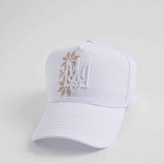 Ukrainian Baseball Hat with Trident Embroidery (White)