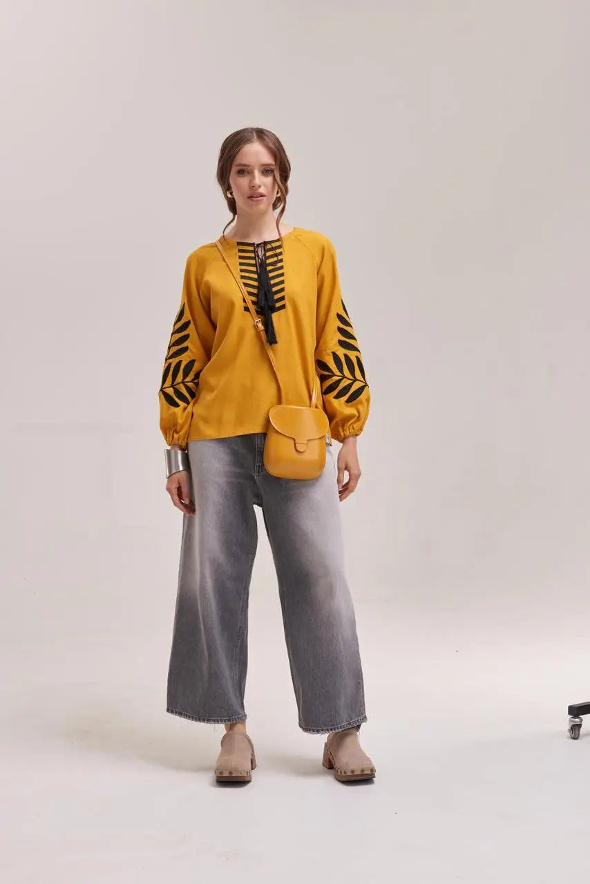 Ukrainian Embroidered Blouse for Women in Mustard Cotton Linen Blend | Paporot Vyshyvanka with Satin Stitch Fern Design | Made in Ukraine