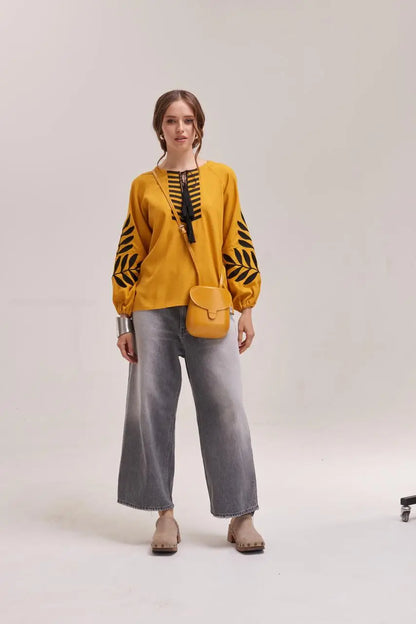 Ukrainian Embroidered Blouse for Women in Mustard Cotton Linen Blend | Paporot Vyshyvanka with Satin Stitch Fern Design | Made in Ukraine