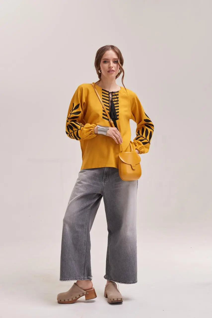 Ukrainian Embroidered Blouse for Women in Mustard Cotton Linen Blend | Paporot Vyshyvanka with Satin Stitch Fern Design | Made in Ukraine