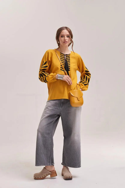 Ukrainian Embroidered Blouse for Women in Mustard Cotton Linen Blend | Paporot Vyshyvanka with Satin Stitch Fern Design | Made in Ukraine