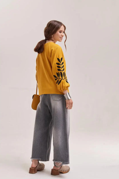 Ukrainian Embroidered Blouse for Women in Mustard Cotton Linen Blend | Paporot Vyshyvanka with Satin Stitch Fern Design | Made in Ukraine