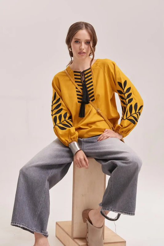 Ukrainian Embroidered Blouse for Women in Mustard Cotton Linen Blend | Paporot Vyshyvanka with Satin Stitch Fern Design | Made in Ukraine