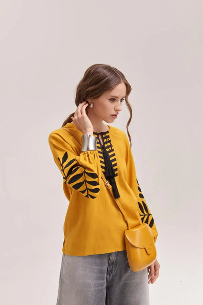 Ukrainian Embroidered Blouse for Women in Mustard Cotton Linen Blend | Paporot Vyshyvanka with Satin Stitch Fern Design | Made in Ukraine