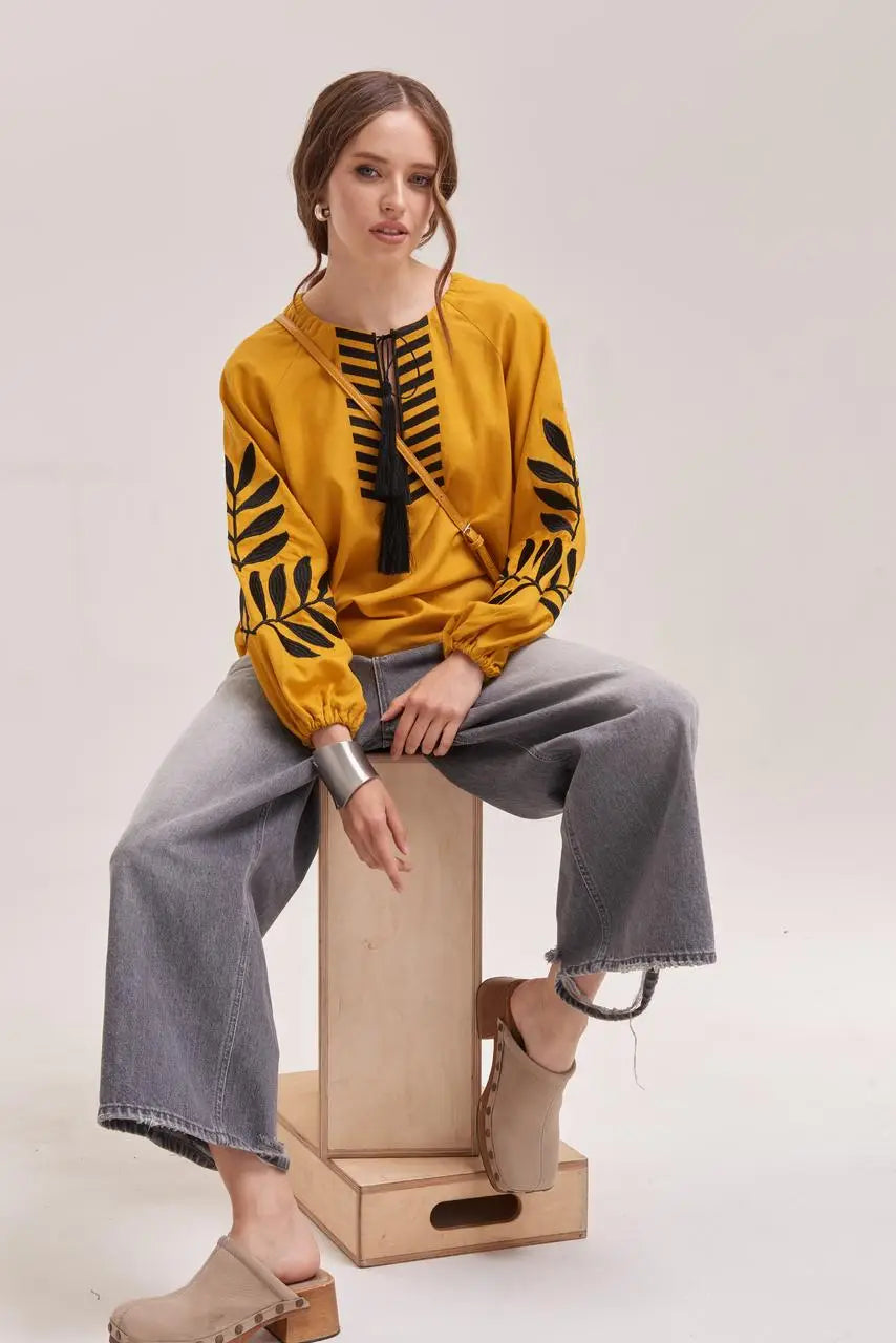 Ukrainian Embroidered Blouse for Women in Mustard Cotton Linen Blend | Paporot Vyshyvanka with Satin Stitch Fern Design | Made in Ukraine