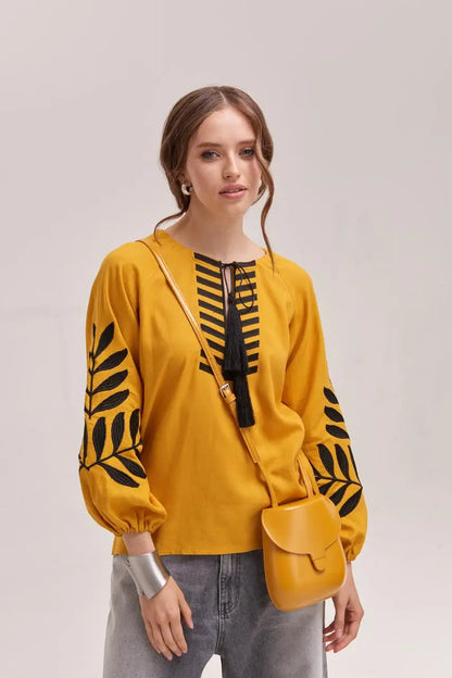 Ukrainian Embroidered Blouse for Women in Mustard Cotton Linen Blend | Paporot Vyshyvanka with Satin Stitch Fern Design | Made in Ukraine