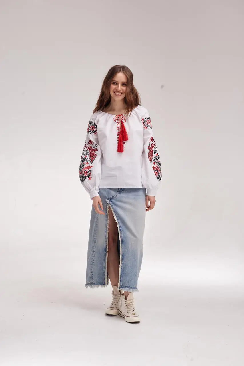 Ukrainian Embroidered Blouse for Women in 100% Cotton Batiste | Zhar Pytytsia Vyshyvanka with Cross-Stitch Firebird Design | Made in Ukraine