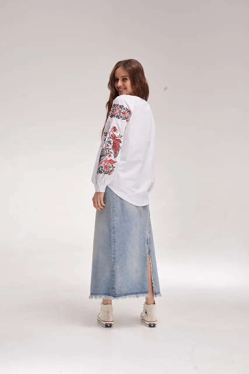 Ukrainian Embroidered Blouse for Women in 100% Cotton Batiste | Zhar Pytytsia Vyshyvanka with Cross-Stitch Firebird Design | Made in Ukraine