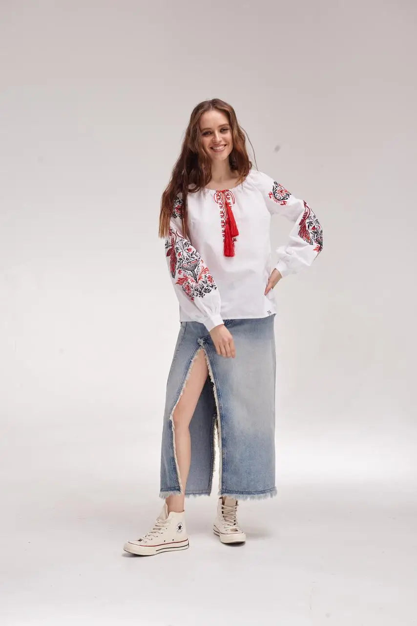 Ukrainian Embroidered Blouse for Women in 100% Cotton Batiste | Zhar Pytytsia Vyshyvanka with Cross-Stitch Firebird Design | Made in Ukraine