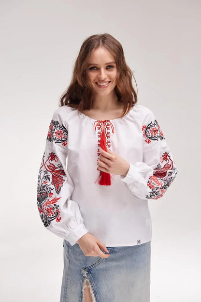 Ukrainian Embroidered Blouse for Women in 100% Cotton Batiste | Zhar Pytytsia Vyshyvanka with Cross-Stitch Firebird Design | Made in Ukraine