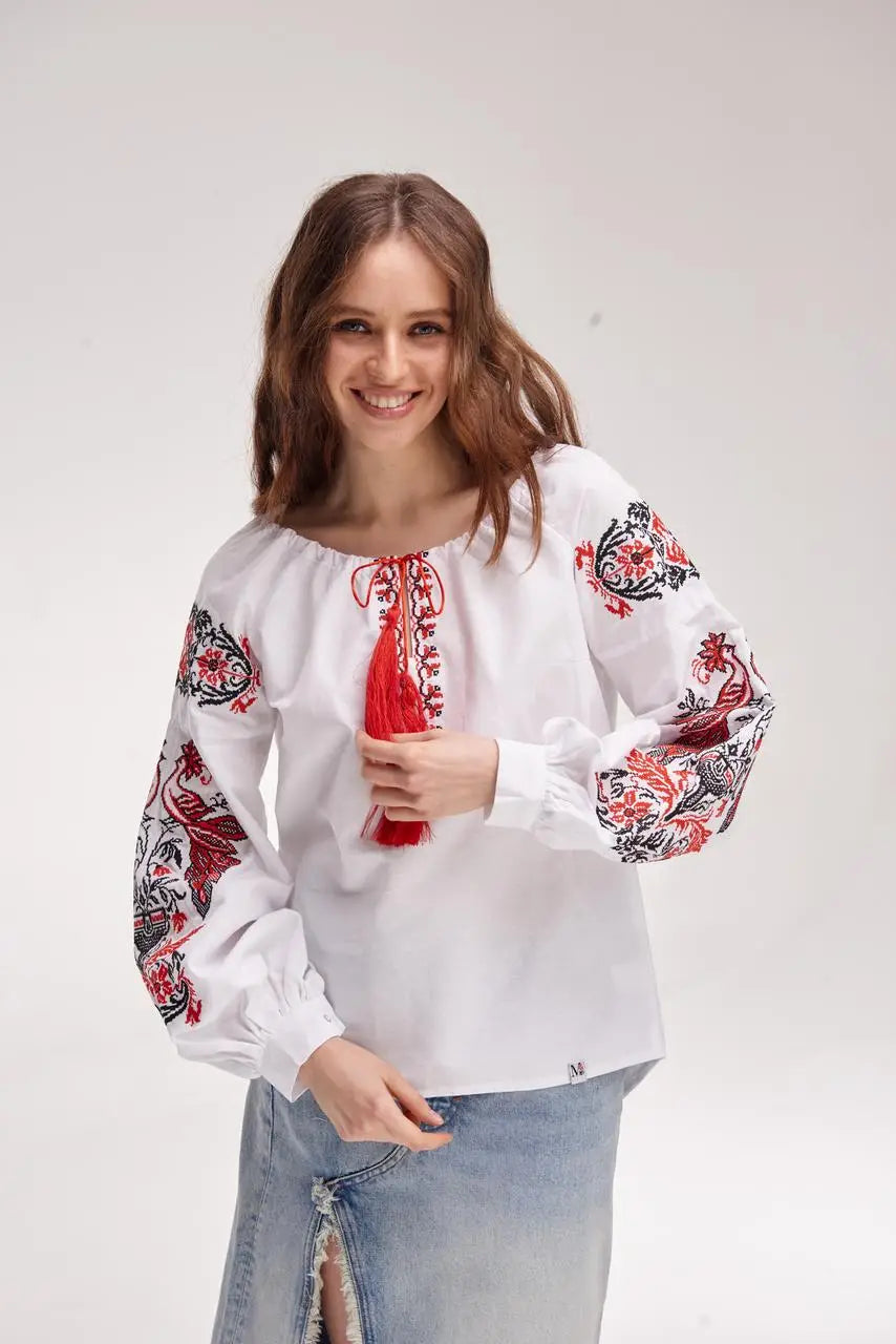 Ukrainian Embroidered Blouse for Women in 100% Cotton Batiste | Zhar Pytytsia Vyshyvanka with Cross-Stitch Firebird Design | Made in Ukraine