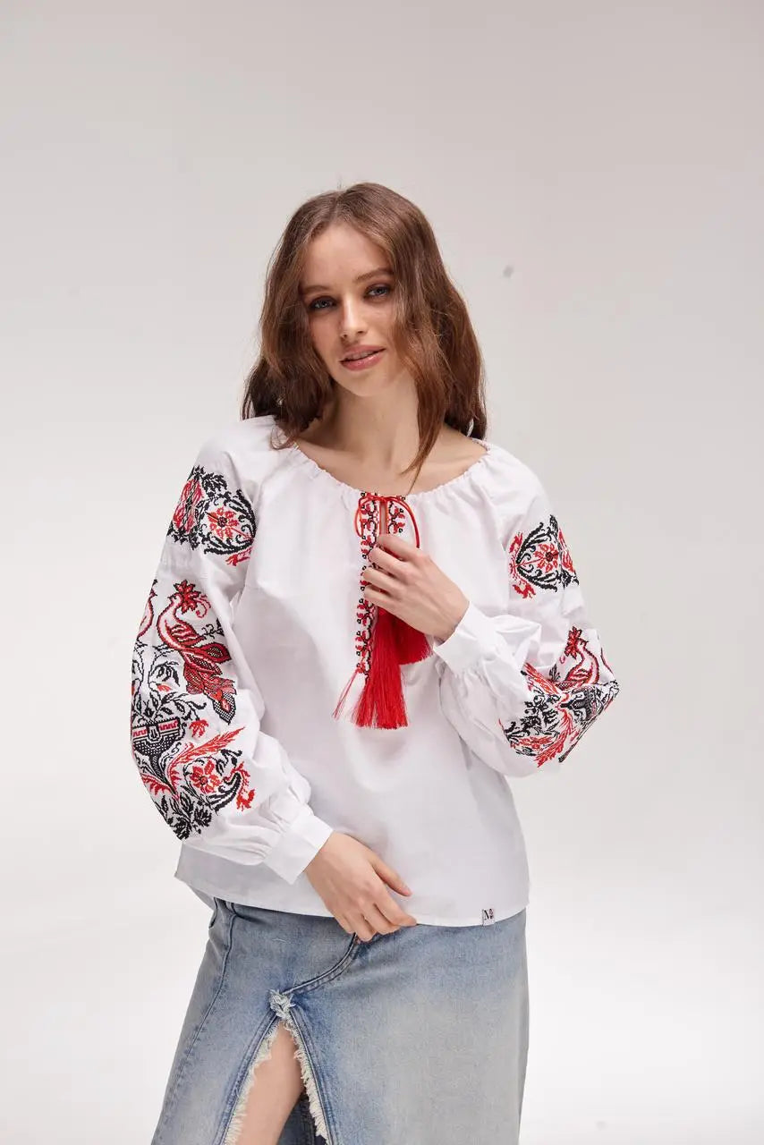 Ukrainian Embroidered Blouse for Women in 100% Cotton Batiste | Zhar Pytytsia Vyshyvanka with Cross-Stitch Firebird Design | Made in Ukraine