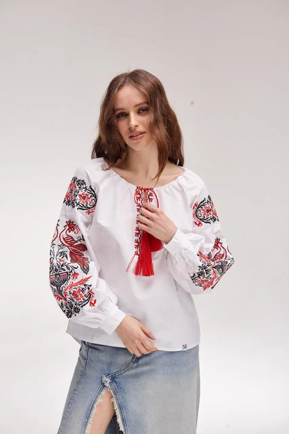 Ukrainian Embroidered Blouse for Women in 100% Cotton Batiste | Zhar Pytytsia Vyshyvanka with Cross-Stitch Firebird Design | Made in Ukraine
