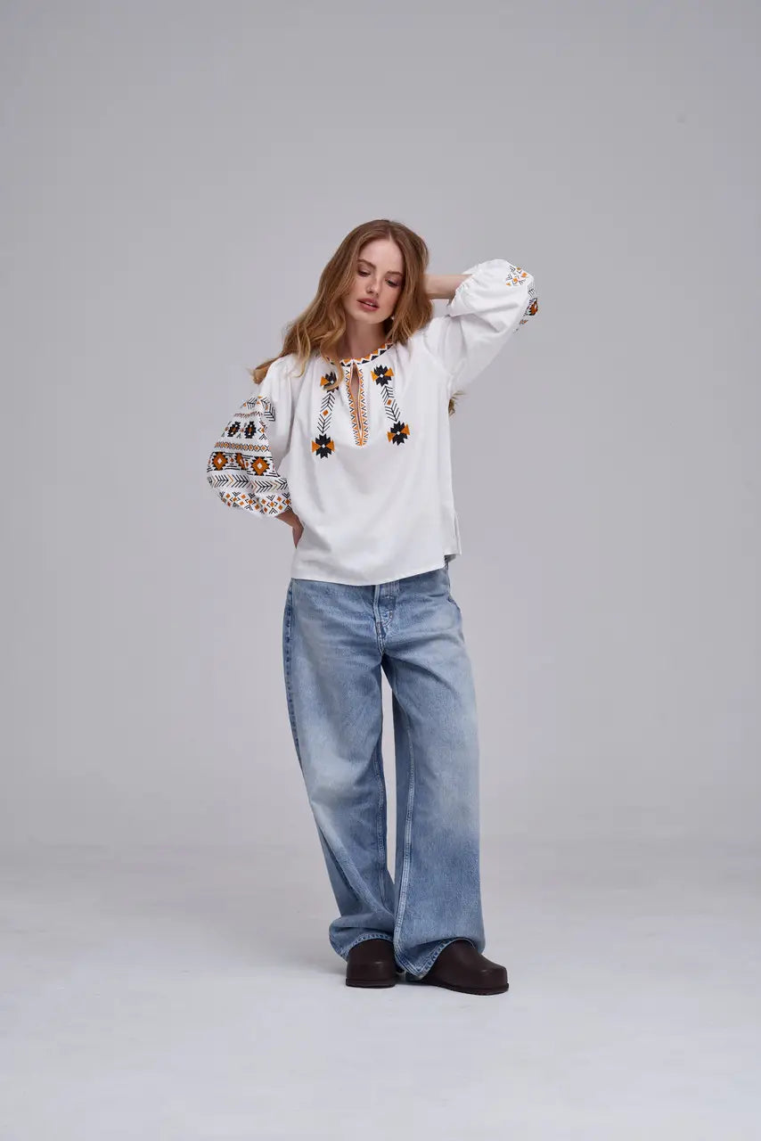 Ukrainian Embroidered Blouse for Women in Cotton Linen Blend | Daniella Vyshyvanka with Traditional Satin Stitch | Made in Ukraine