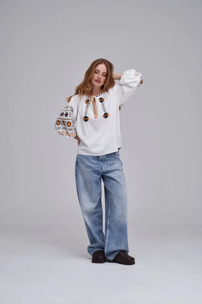 Ukrainian Embroidered Blouse for Women in Cotton Linen Blend | Daniella Vyshyvanka with Traditional Satin Stitch | Made in Ukraine