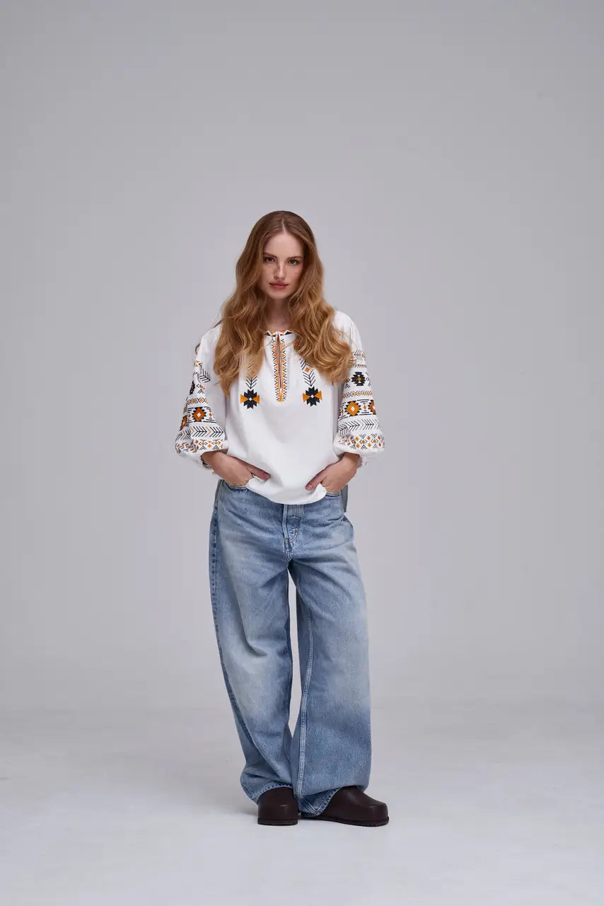 Ukrainian Embroidered Blouse for Women in Cotton Linen Blend | Daniella Vyshyvanka with Traditional Satin Stitch | Made in Ukraine