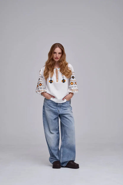 Ukrainian Embroidered Blouse for Women in Cotton Linen Blend | Daniella Vyshyvanka with Traditional Satin Stitch | Made in Ukraine