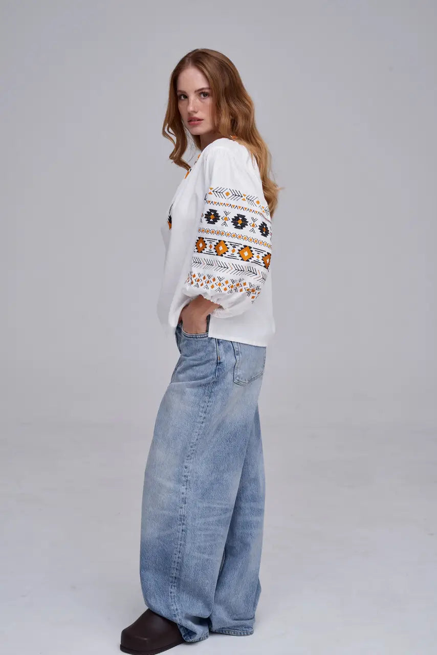 Ukrainian Embroidered Blouse for Women in Cotton Linen Blend | Daniella Vyshyvanka with Traditional Satin Stitch | Made in Ukraine