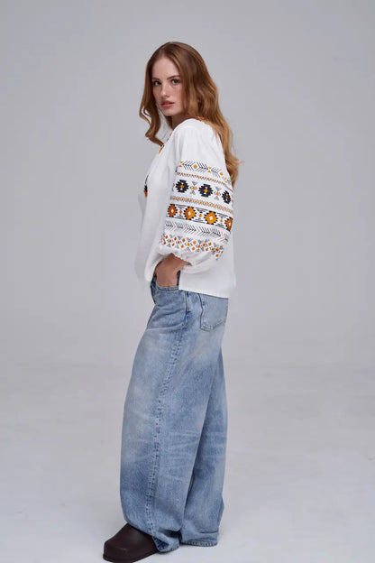 Ukrainian Embroidered Blouse for Women in Cotton Linen Blend | Daniella Vyshyvanka with Traditional Satin Stitch | Made in Ukraine