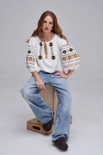 Ukrainian Embroidered Blouse for Women in Cotton Linen Blend | Daniella Vyshyvanka with Traditional Satin Stitch | Made in Ukraine