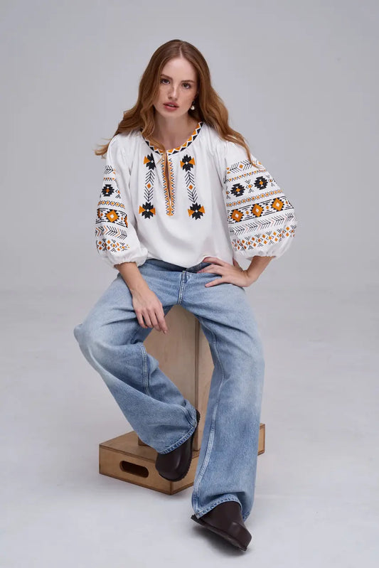 Ukrainian Embroidered Blouse for Women in Cotton Linen Blend | Daniella Vyshyvanka with Traditional Satin Stitch | Made in Ukraine