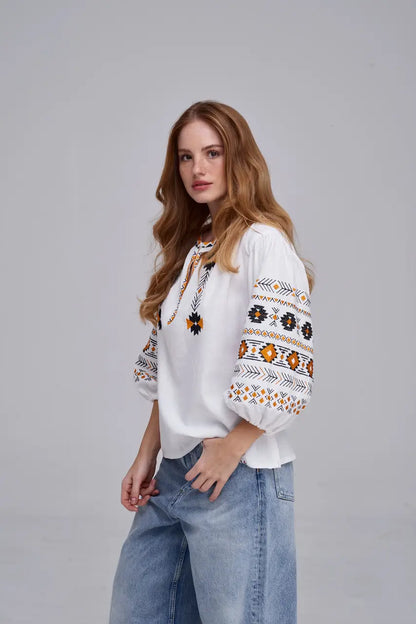 Ukrainian Embroidered Blouse for Women in Cotton Linen Blend | Daniella Vyshyvanka with Traditional Satin Stitch | Made in Ukraine