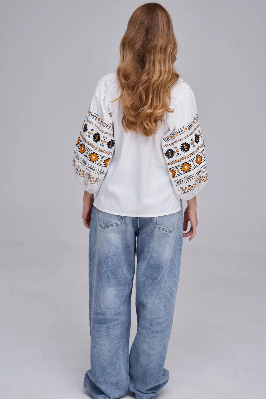 Ukrainian Embroidered Blouse for Women in Cotton Linen Blend | Daniella Vyshyvanka with Traditional Satin Stitch | Made in Ukraine